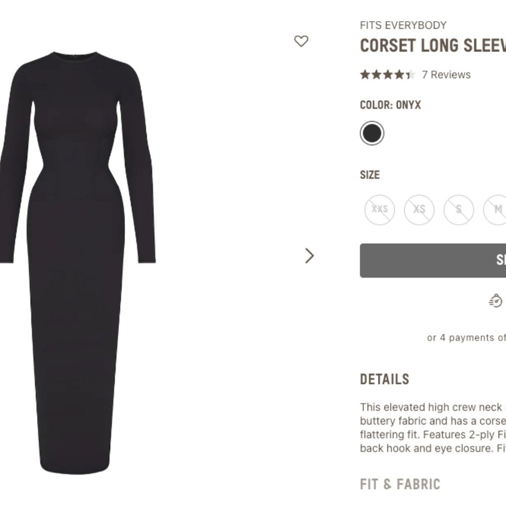 SKIMS FITS EVERYBODY CORSET LONG SLEEVE DRESS | ONYX $128.00 ONYX / M